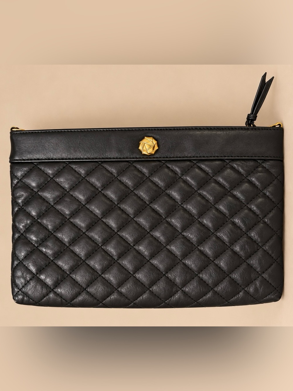 Source Unknown Black Quilted Leather Clutch with Gold Accent